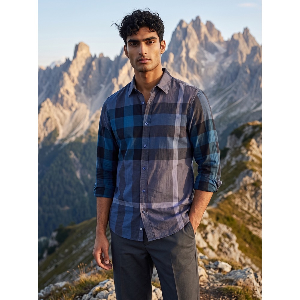 Burberry Brit Mens Blue Grey Exploded Check Long Sleeve Button Down Shirt S